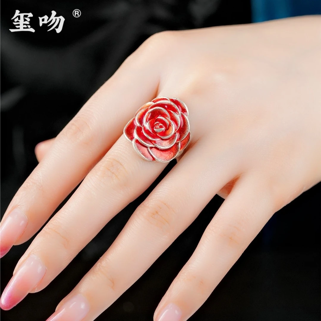 足银戒指 【玺吻】足银999.9 一心一意浪漫玫瑰花景泰蓝手工 开口戒
