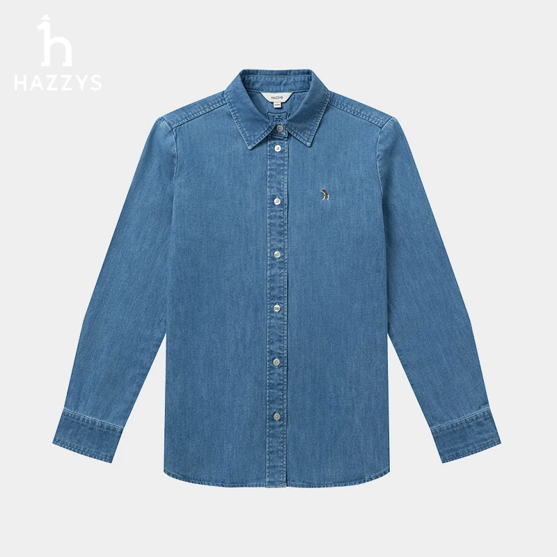 Hazzys哈吉斯女士春季长袖牛仔衬衫简约百搭衬衣