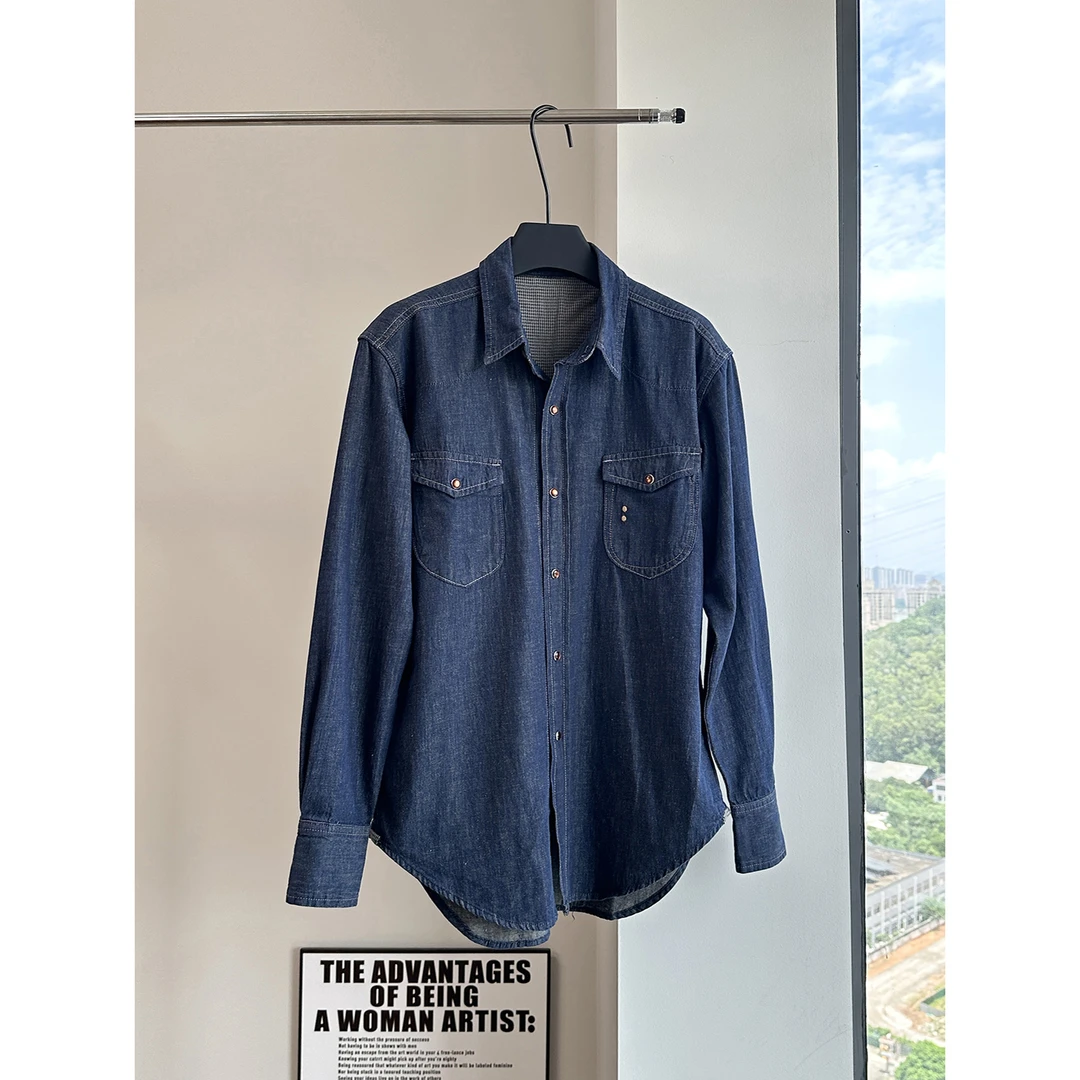 早秋气质款复古蓝翻领牛仔长袖衬衫