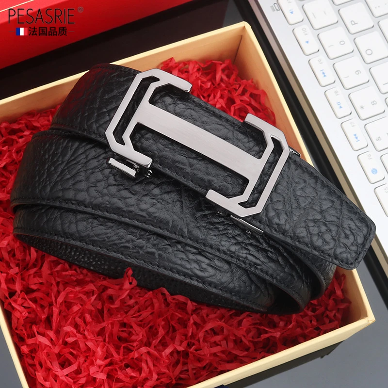 轻奢裤腰带男士真皮皮带纹H字母自动扣双面头层商务腰带高档礼物