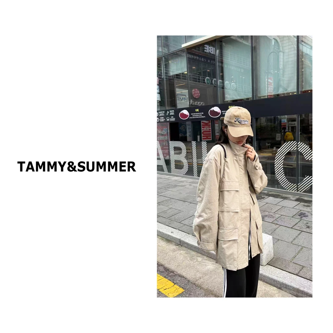 【Tammy&Summer】韩版宽松时尚百搭立领外套多口袋中长风衣外套9523