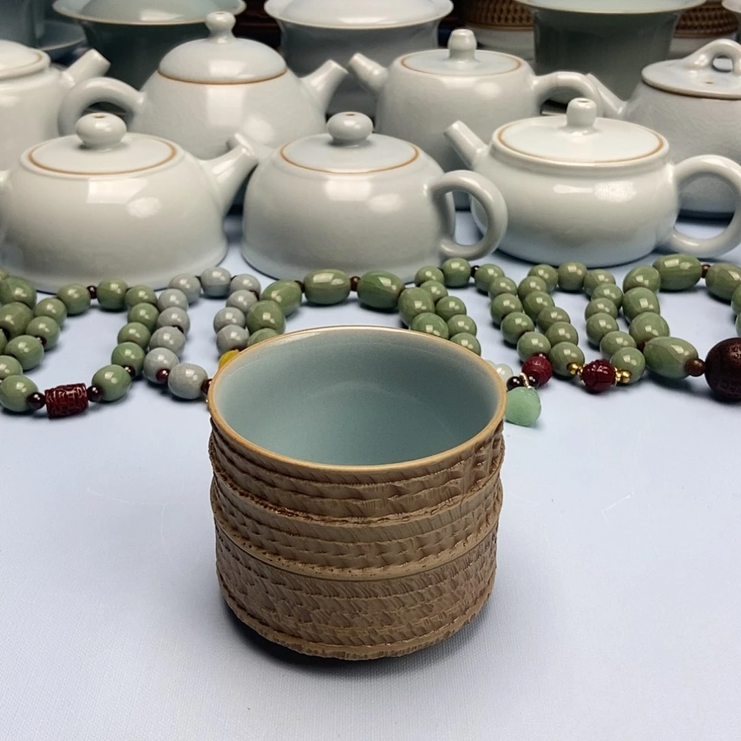 杯孤品重工跳刀天青竹节杯原矿原釉原产地