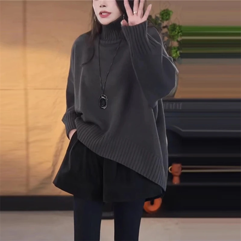 韩系减龄立领长袖上衣女2025年秋冬新款气质纯色宽松显瘦针织衫潮