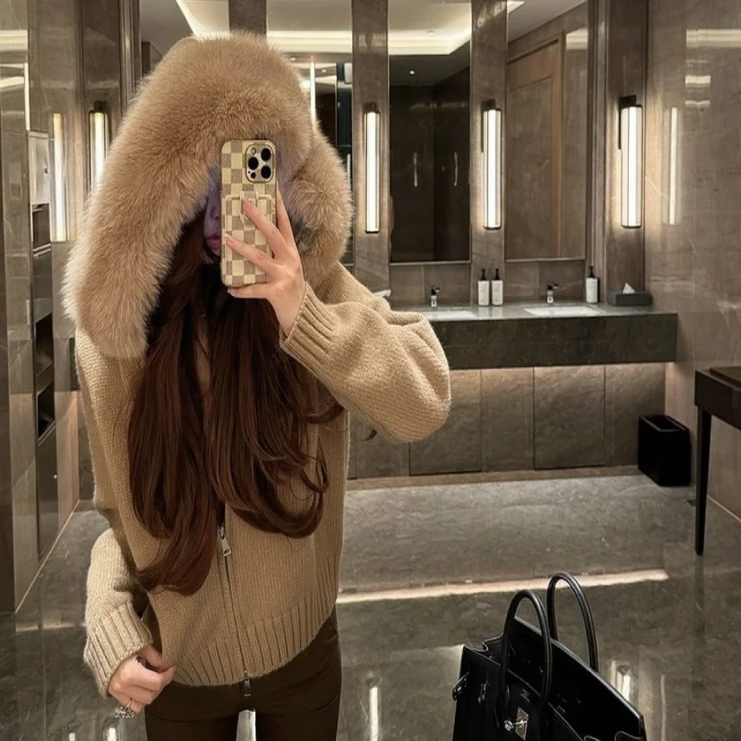 【冰岛甜梦】还是新款连帽针织开衫春秋宽松慵懒狐狸毛领毛衣外套