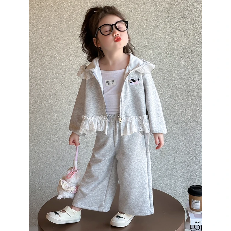 女小童秋季长袖花边连帽套装洋气中小童休闲运动装女宝宝两件套潮