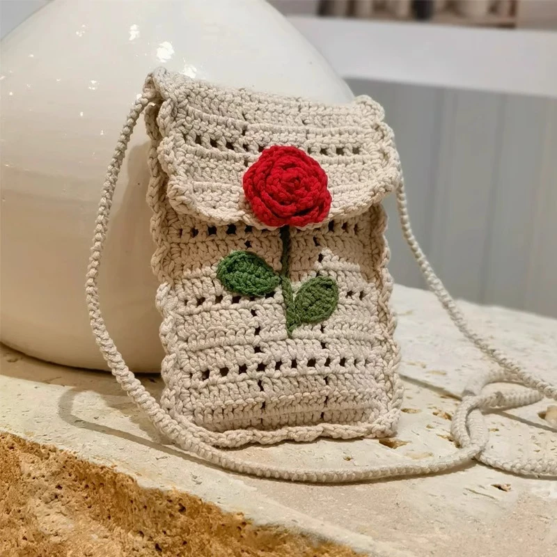 毛线钩织diy材料包花朵手机包毛线手作斜挎小包淑女创意针织女包