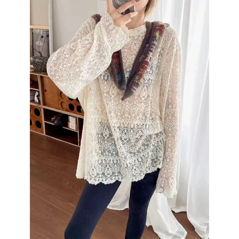 法式重工刺绣蕾丝T恤女2025春季新款时尚宽松百搭设计感长袖上衣