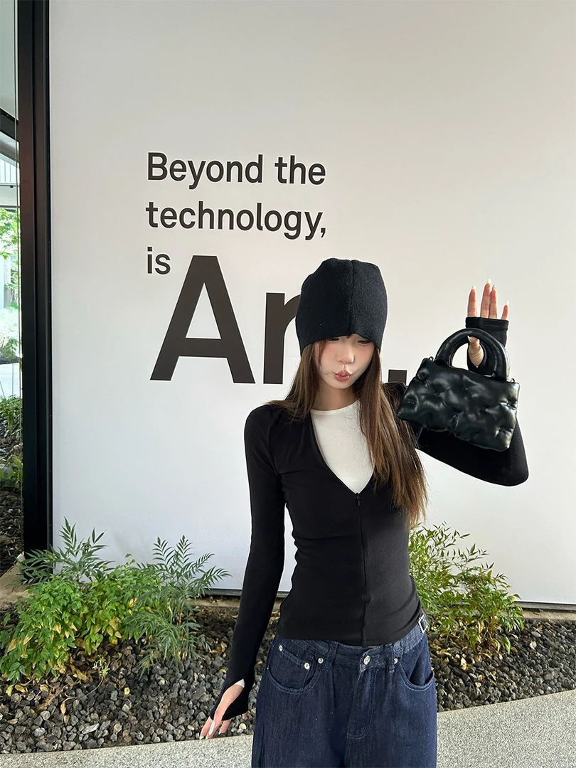 D YANGJUN 黑色可调节V领修身针织上衣女2024秋季冬新款长袖开衫