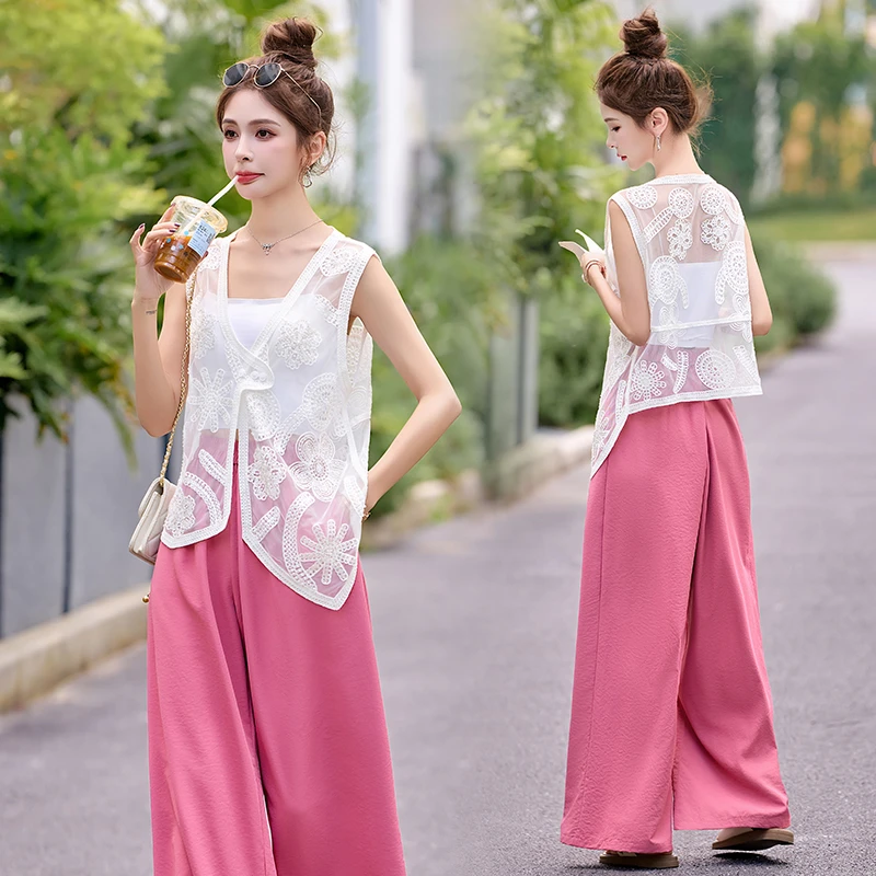 法式蕾丝钩花刺绣V领网纱马甲背心女不规则无袖上衣阔腿裤两件套