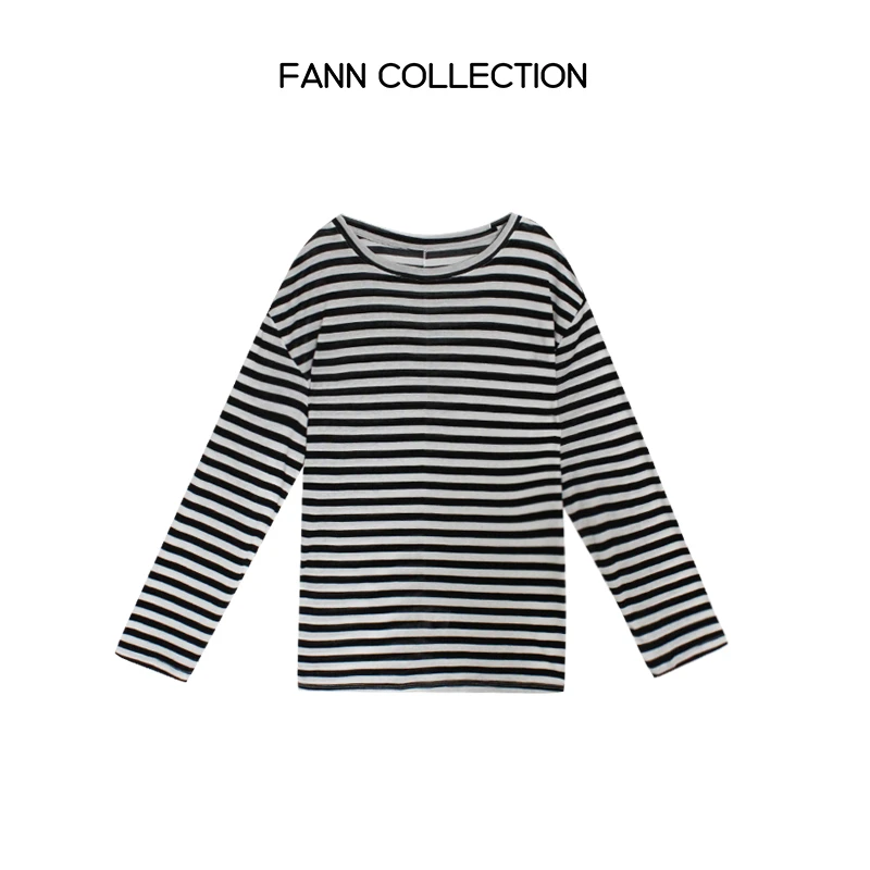 饭饭FANN COLLECTION 编织时光 亚麻黑白条纹撞色宽松T恤FANNA140
