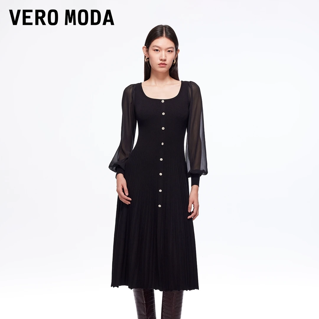 Vero Moda连衣裙2025秋冬新款拼接收腰显瘦简约针织裙325446011