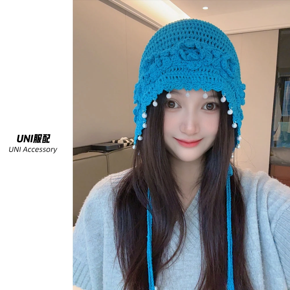 手工编织钩花镂空包头帽女春夏珍珠流苏套头帽旅游民族风针织帽子