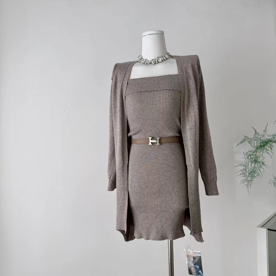 巨好看百搭法式高级感韩版针织长款开衫+抹胸连衣裙套装配腰带