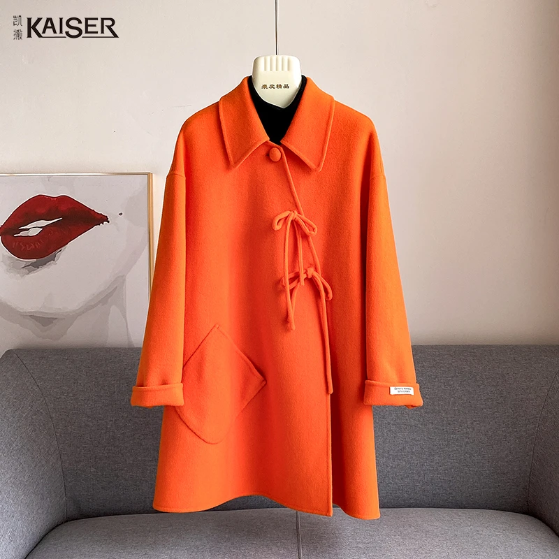 KAISER/凯撒2D6088秋冬中长款女毛呢外套羊角扣大衣双面呢