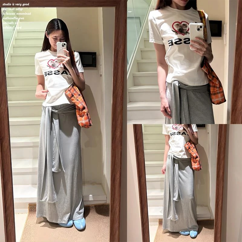 【October拾月】灰色针织高腰半身裙女夏季新款包臀绑带辣妹裙子