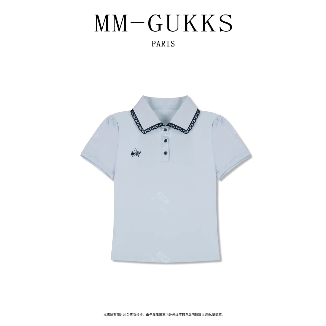 明明GUKKS『蓝色之恋』2025夏季设计师翻领轻职风轻奢通勤t恤上衣