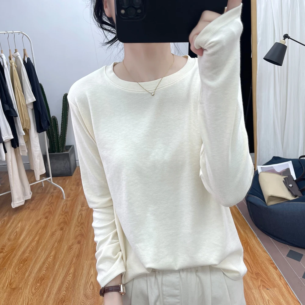 秋冬新款圆领长袖T恤女雪花棉打底衫内搭减龄宽松显瘦柔软上衣潮