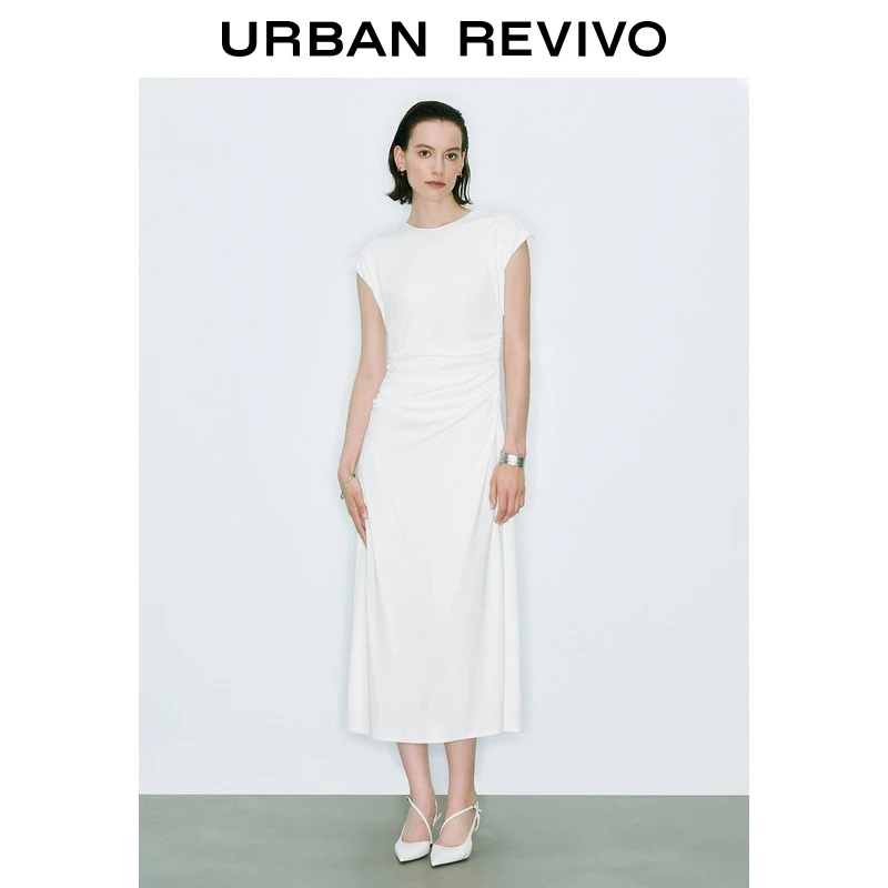 UR2025夏季新款女时尚气质修身褶皱收腰长款连衣裙UWG750132