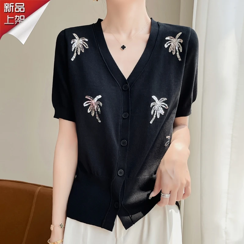 哥弟阿玛施正品2025夏季冰丝V领亮片印花开衫透气优雅时尚百搭T恤