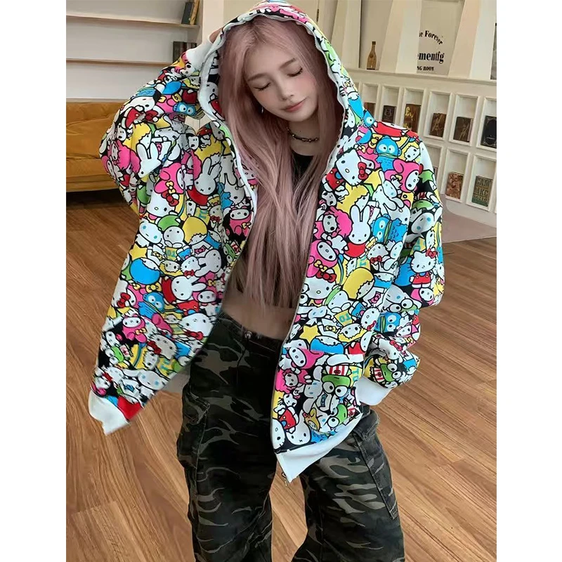 国潮美式卡通满印连帽卫衣开衫女春秋新款宽松潮牌拉链外套#WY123