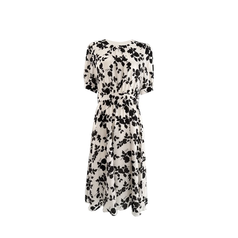 重磅桑蚕丝亲肤垂坠重工印花收腰圆领连衣裙6l122q0447