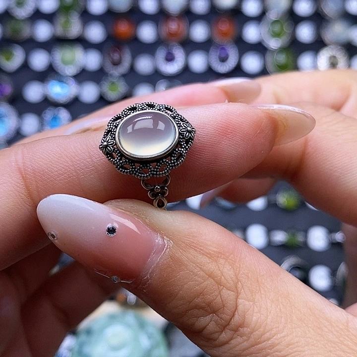 岫玉戒指银S925镶嵌戒指