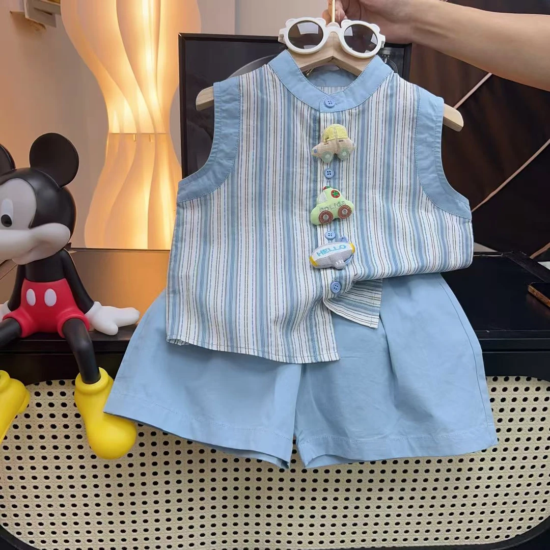 夏季男童时尚洋气韩版小汽车公仔无袖套装