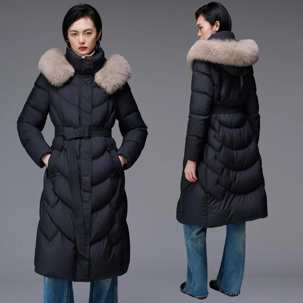 399款毛领羽绒服女长款保暖连帽收腰时尚冬季外套