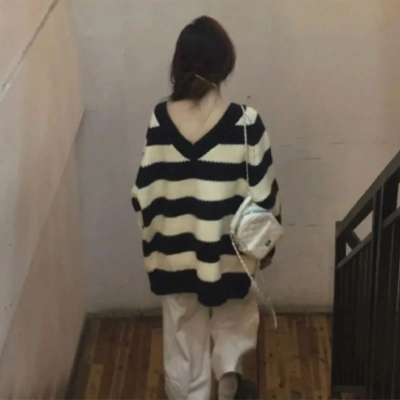 韩系慵懒风松弛感超好看条纹针织衫今年流行的爆款毛衣2025年秋季