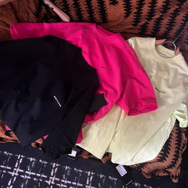 360g重磅粗感长绒棉樱花色小字母logo宽松蝙蝠袖短袖T恤