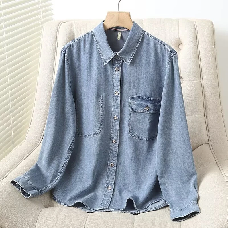23030天丝牛仔衬衫女春秋款修身显瘦休闲长袖衬衣大码叠穿上衣