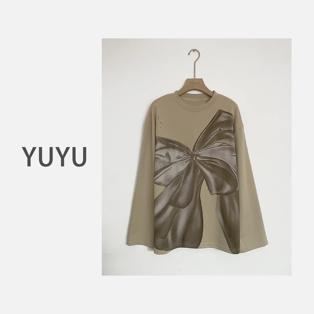 【迷蝶结影】印花烫钻蝴蝶结圆领设计感休闲时尚春秋长袖T恤.Y881