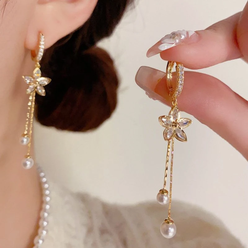 铜合金耳饰 饰品轻奢耳韩版耳扣花朵甜美锆石高级感流苏精致长款