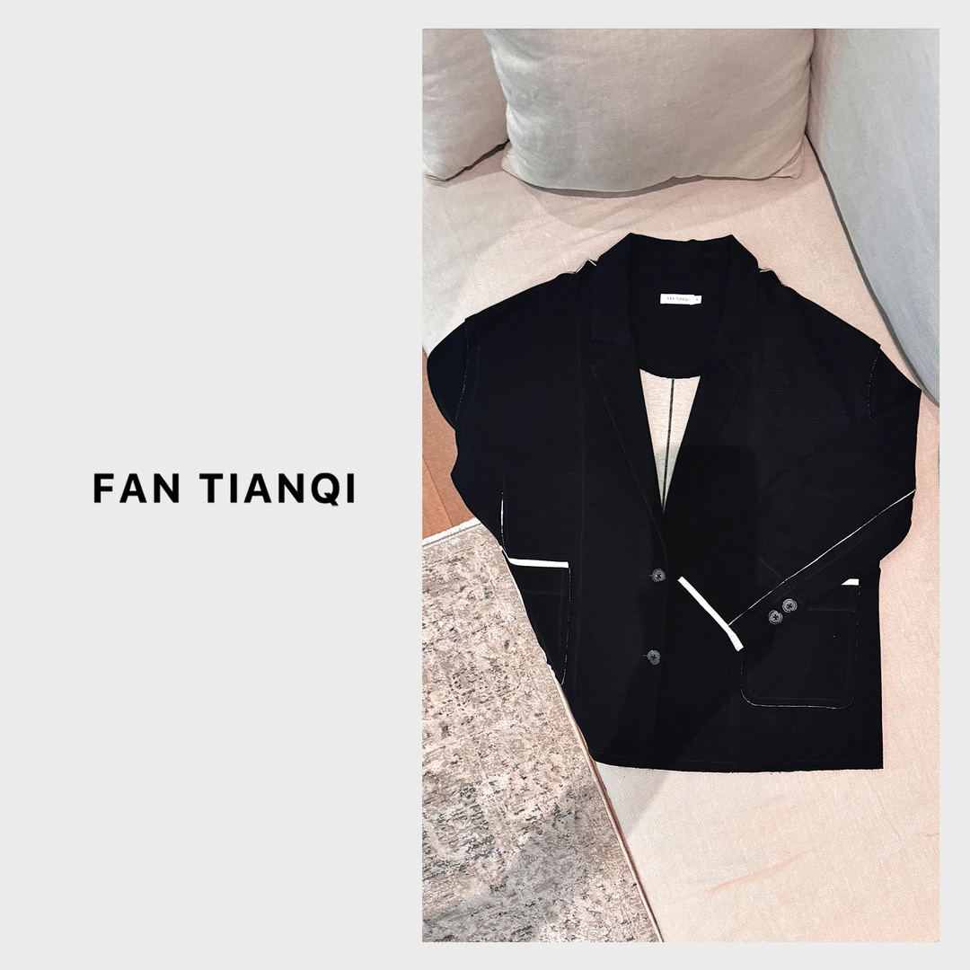 范天奇/FAN TIANQI【薄织】双面针织拼接毛边西装FZOT58015