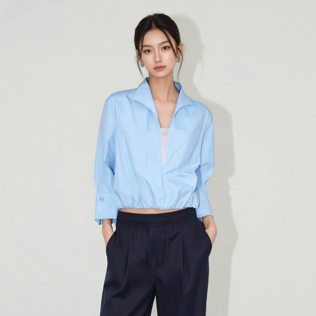 「时髦调性」廓形叠穿衬衫女长袖春夏新款慵懒风蓝色上衣HBZC622208