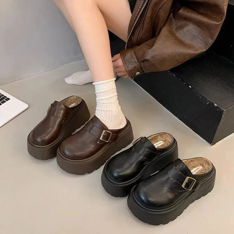 厚底松糕包头半拖鞋女外穿2025秋冬新款百搭懒人小个子增高拖鞋潮