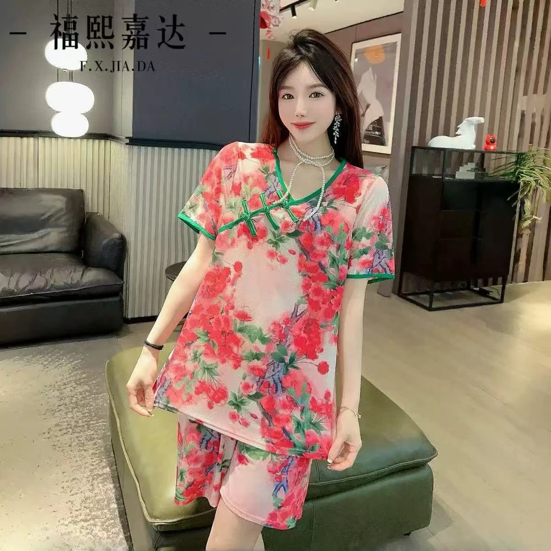 夏天薄款睡衣女冰丝凉爽不沾身中国风家居服两件套短袖短裤可外穿
