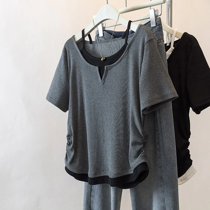 假两件灰色V领正肩短袖T恤女夏新款大码胖mm宽松遮肚显瘦挂脖上衣