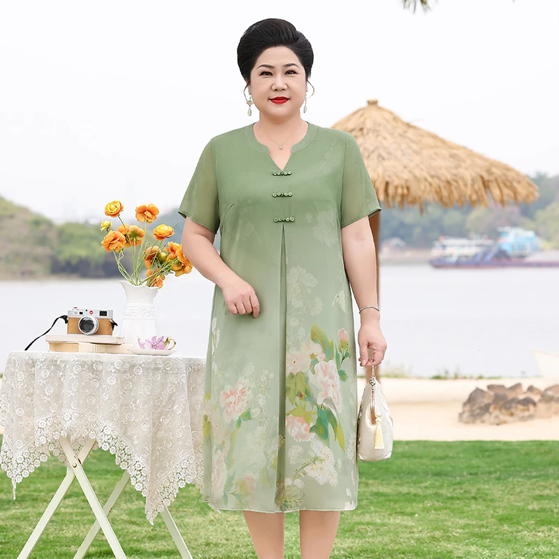 妈妈夏装雪纺连衣裙大码女装中国风中老年阔太太母亲节洋气裙子
