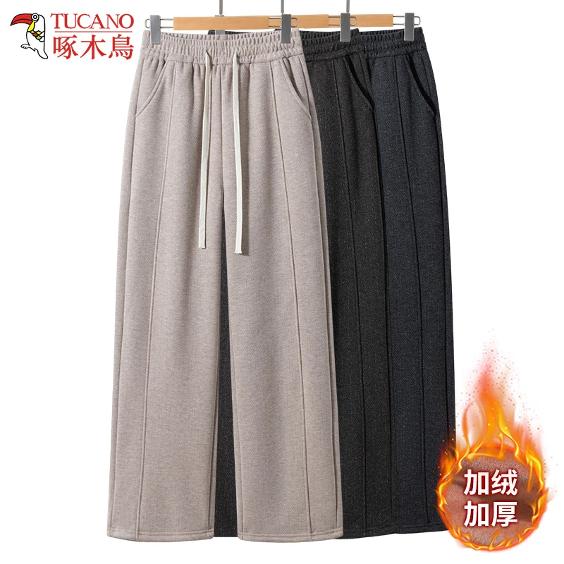 啄木鸟洋气妈妈冬装松紧高腰保暖休闲裤中年女冬季加绒加厚直筒裤