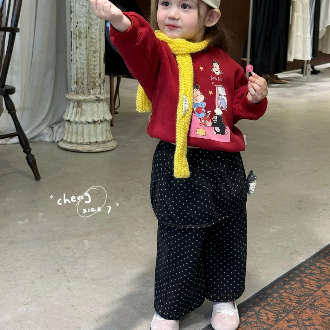 25秋冬新款韩版卡通印花加绒加厚儿童卫衣休闲裤女小童波点休闲裤
