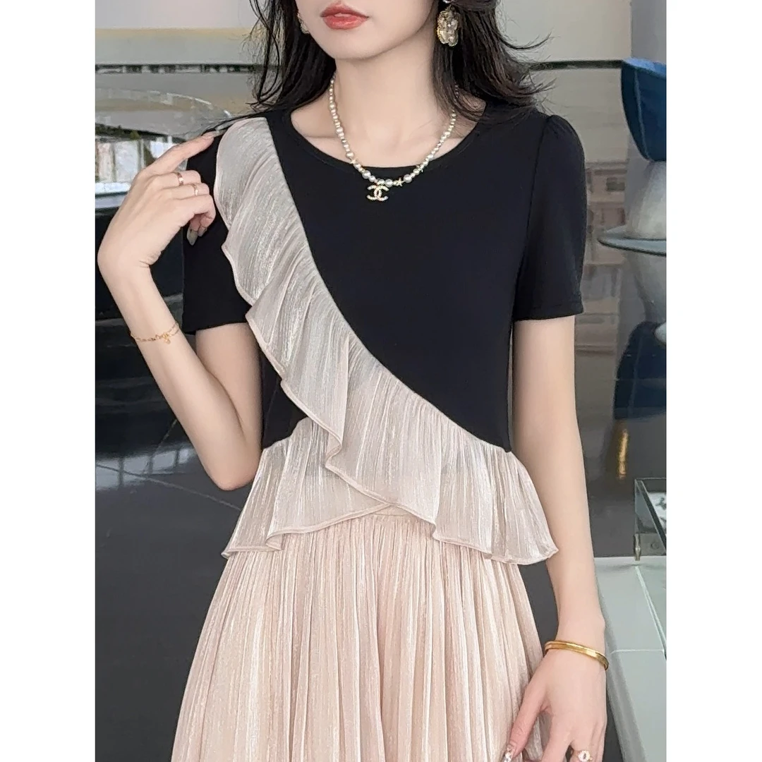 蔡小姐拼接亲肤女T恤显瘦气质2025夏季新款时尚拼接花边减龄短袖