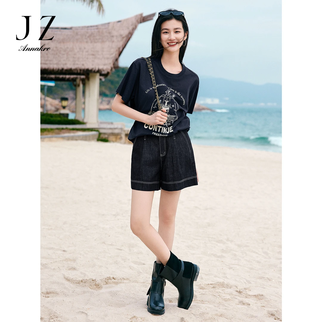 玖姿安娜蔻KWFX12201丹宁100%棉A版阔腿裤原色牛仔短裤女2025夏