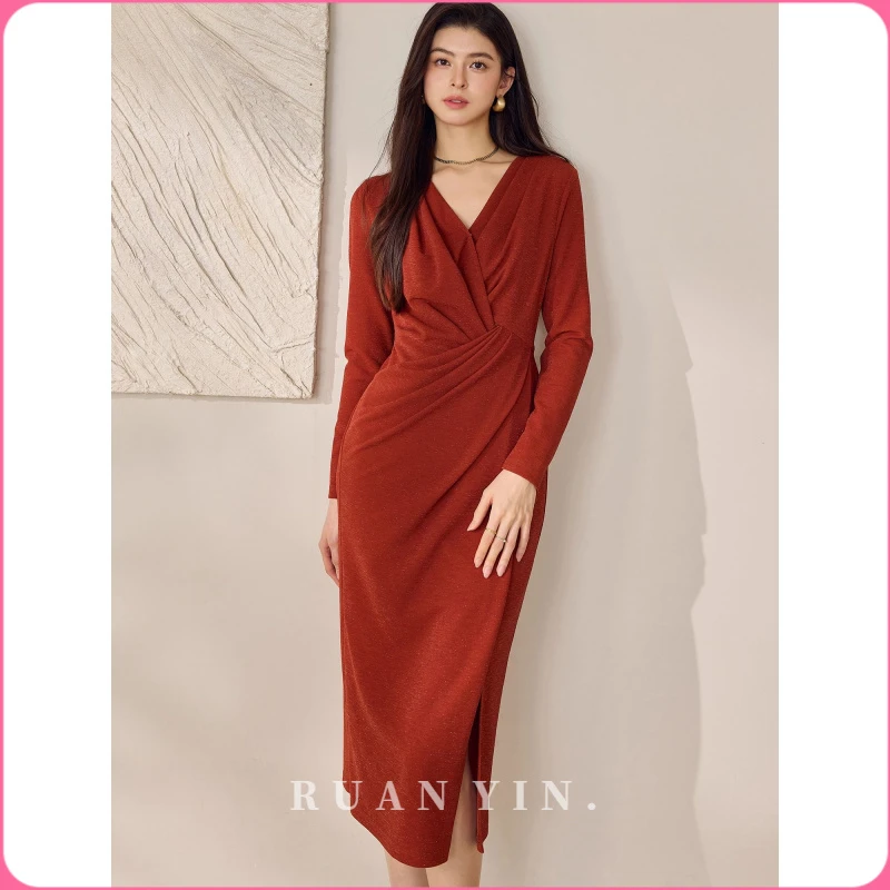 RUAN YIN高级感黑色针织连衣裙秋新款宴会亮丝扭结修身裙