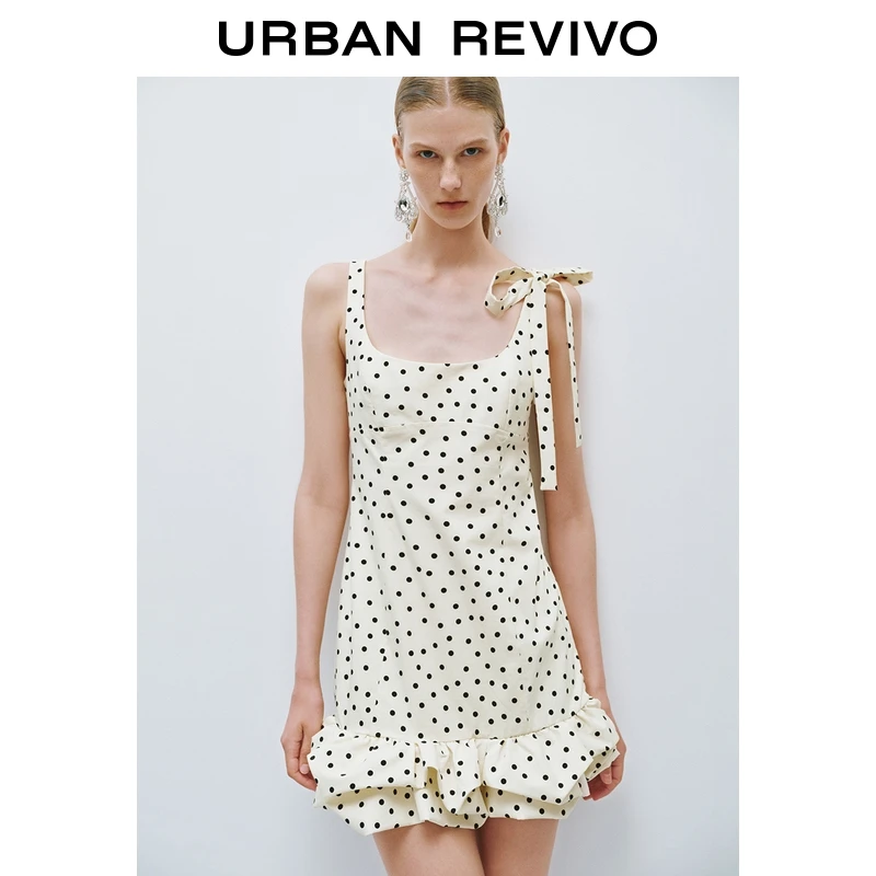UR2025夏季新款女装法式波点修身系带荷叶边连衣裙UWG750165