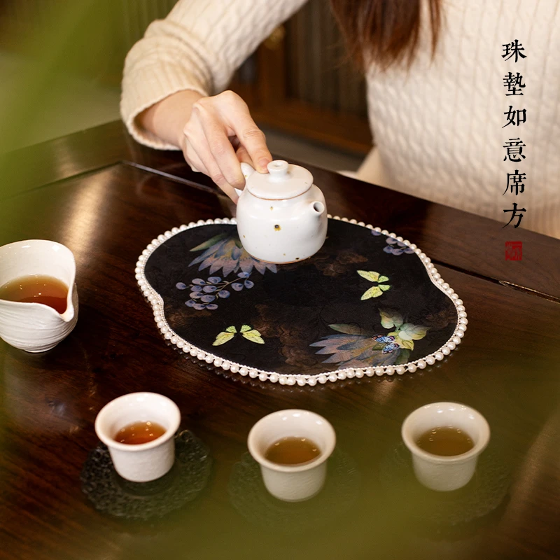 拾舍新中式茶席手工缝制珍珠边加厚双面茶桌布艺茶道干泡防烫壶垫