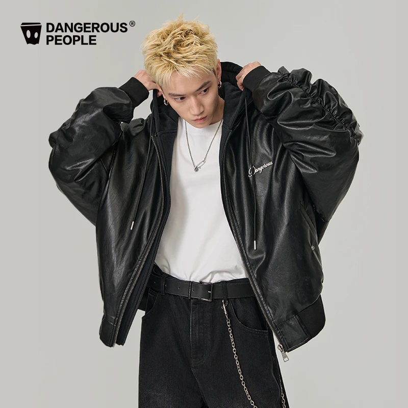 Dangerouspeople薛之谦dsp秋季机能风棉服宽松潮假两件连帽PU外套