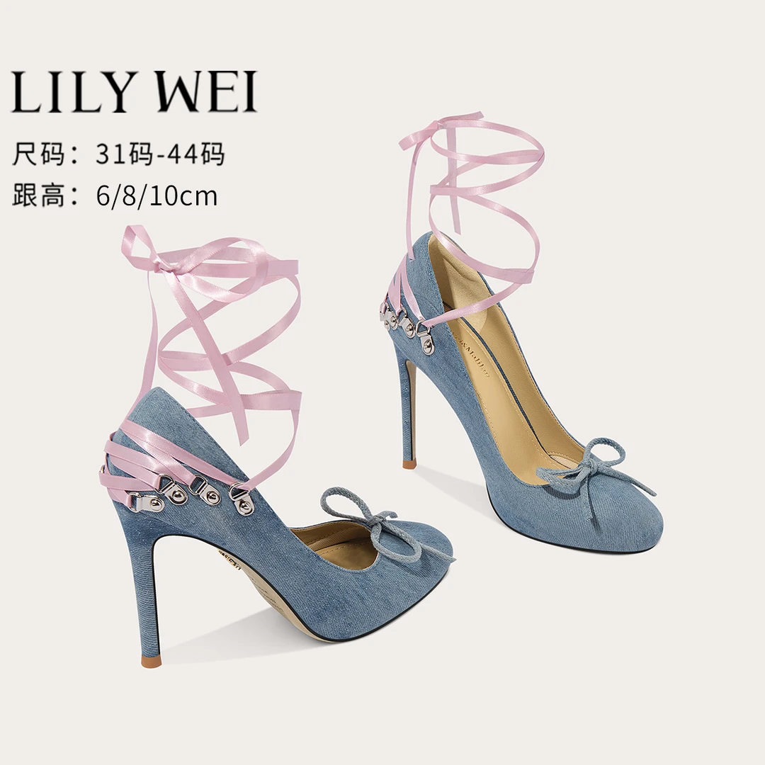 Lily Wei【空谷幽兰】原创绑带蝴蝶结高跟鞋甜美牛仔布单鞋大码