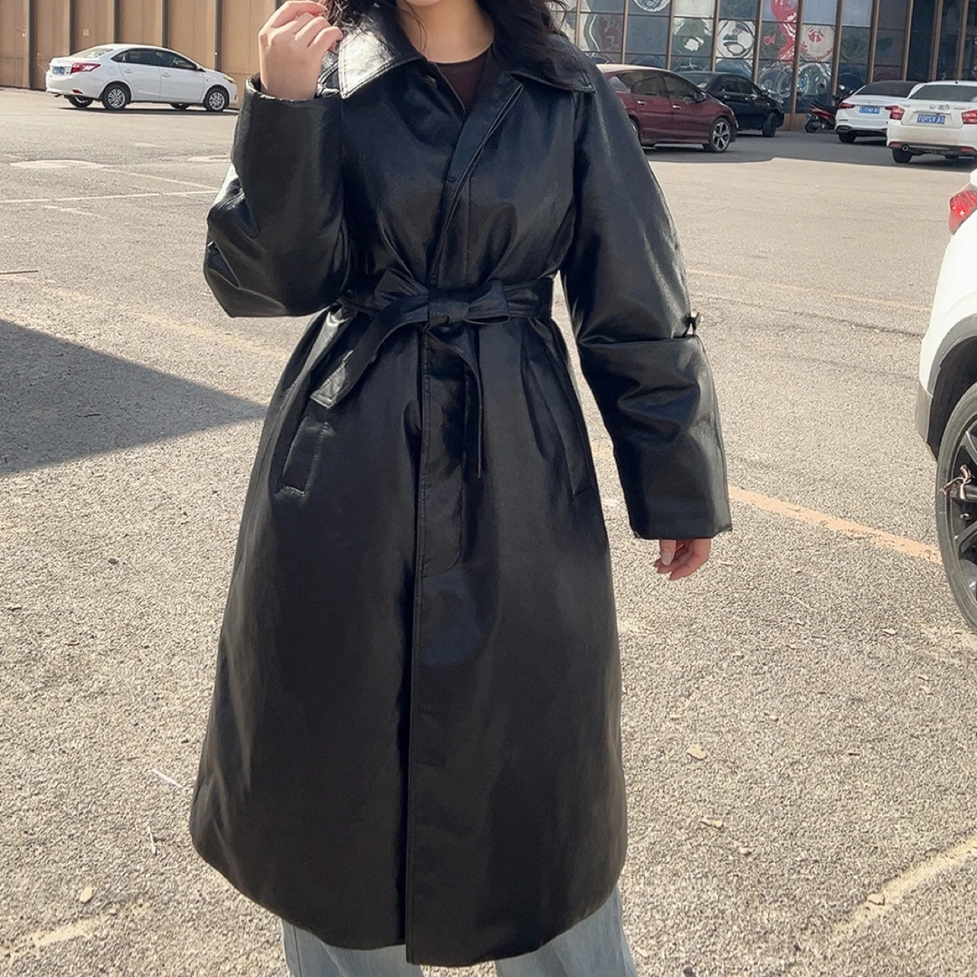 绵羊皮油腊皮鹅绒服长款腰带大衣腰带显瘦款外套