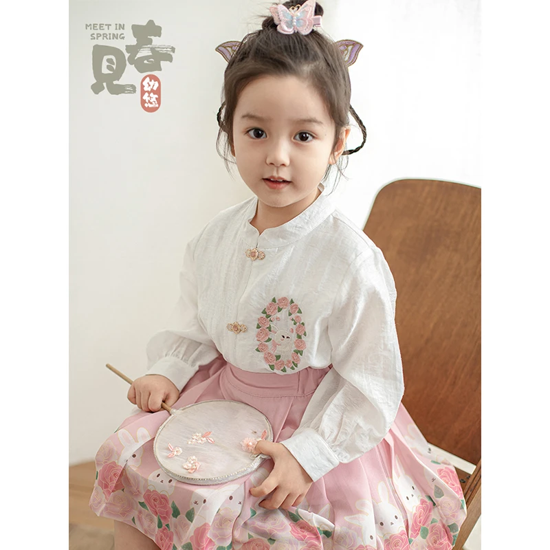 YOEHYAUL/幼悠幼悠春贰波【花栖玫瑰】女童小兔印花短马面裙 CC0020